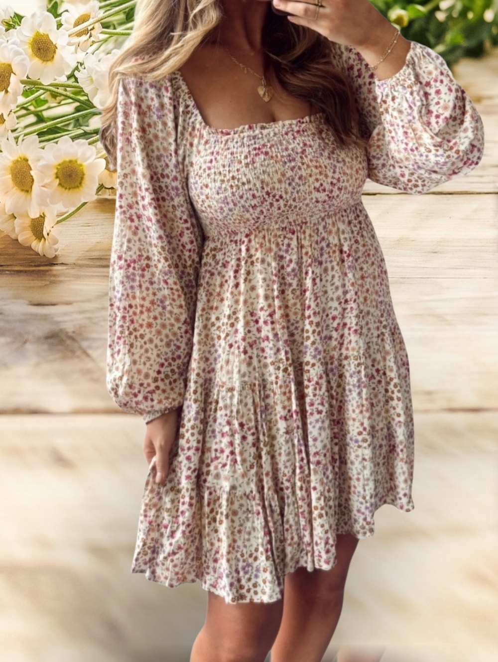 Hem&Thread Smocked Floral Babydoll Dress in Cream Pink Purple NWT SMALL